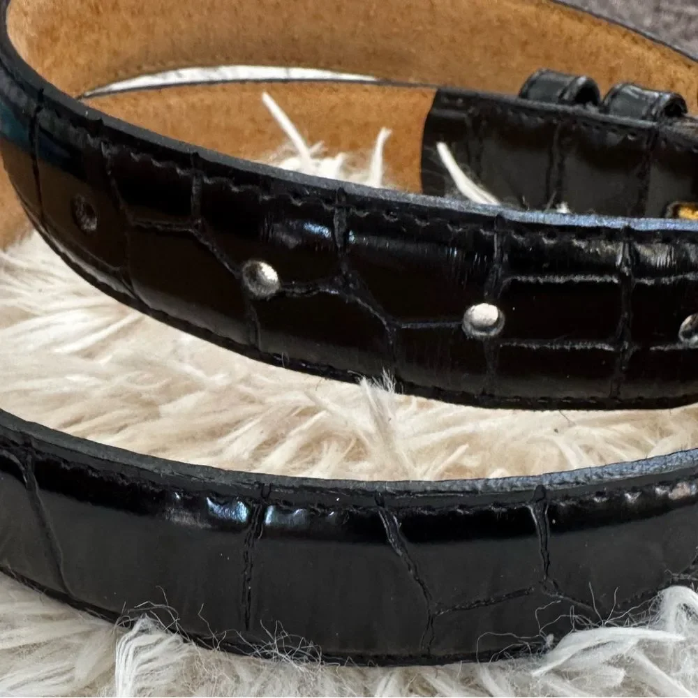 ⸻  🖤 Perry Ellis Black Italian Croco Belt – Size M 🐊 Gold Buckle Elegance